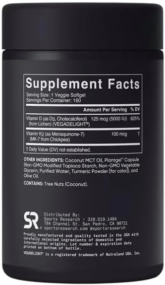 Sports Vitamin D3 K2 with 5000iu of Plant-Based D3 & 100mcg of Vitamin K2 as MK-7, Non-GMO Verified & Vegan Certified - 160 Liquid Softgels - Pack1 - dailyvitalstore