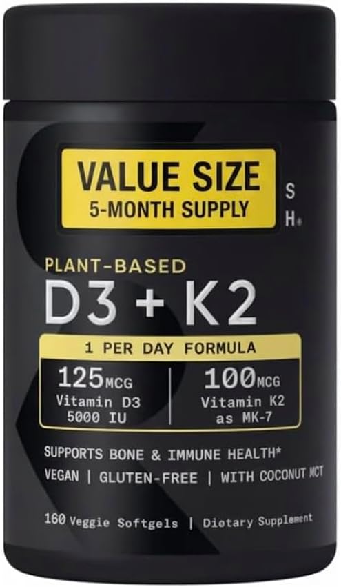 Sports Vitamin D3 K2 with 5000iu of Plant-Based D3 & 100mcg of Vitamin K2 as MK-7, Non-GMO Verified & Vegan Certified - 160 Liquid Softgels - Pack1 - dailyvitalstore
