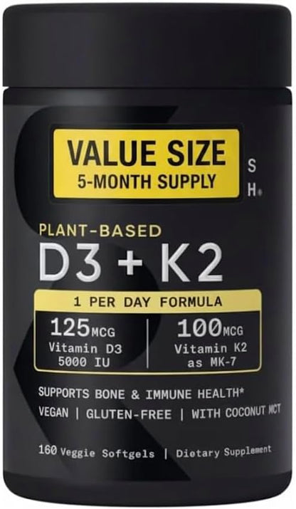 Sports Vitamin D3 K2 with 5000iu of Plant-Based D3 & 100mcg of Vitamin K2 as MK-7, Non-GMO Verified & Vegan Certified - 160 Liquid Softgels - Pack1 - dailyvitalstore