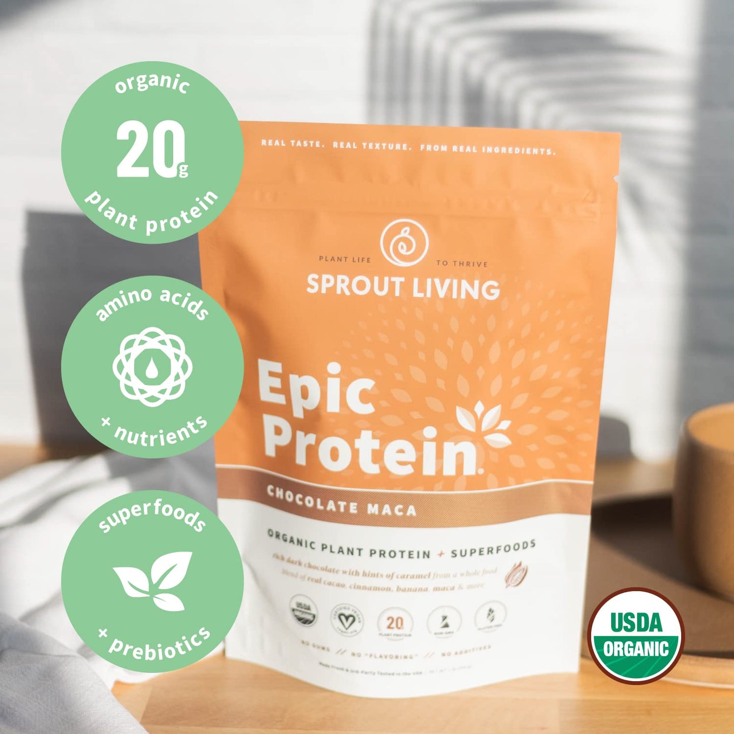 Sprout Living Epic Protein, Plant Based Protein & Superfoods Powder, Chocolate Maca Powder | 20 Grams Organic Protein Powder, Vegan, Non Dairy, Non-GMO, Gluten Free - dailyvitalstore