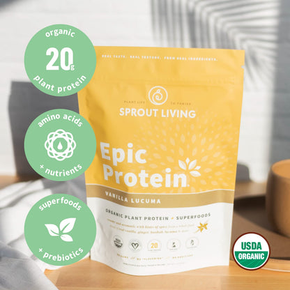 Sprout Living Epic Protein, Plant Based Protein & Superfoods Powder, Vanilla Lucuma Powder | 20 Grams Organic Protein Powder, Vegan, Non Dairy, Non-GMO, Gluten Free, Low Sugar (1 Pound, 12 Servings) - dailyvitalstore