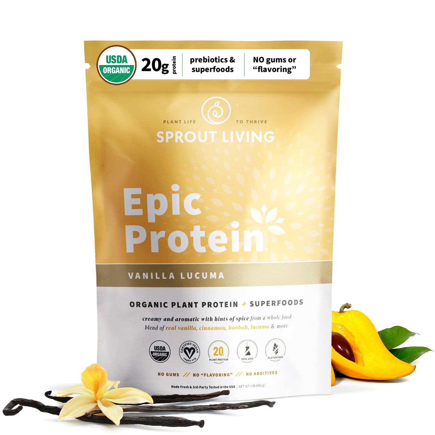 Sprout Living Epic Protein, Plant Based Protein & Superfoods Powder, Vanilla Lucuma Powder | 20 Grams Organic Protein Powder, Vegan, Non Dairy, Non-GMO, Gluten Free, Low Sugar (1 Pound, 12 Servings) - dailyvitalstore