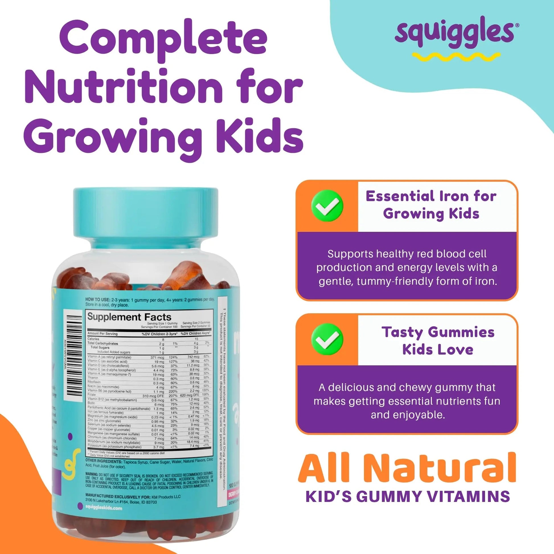 Squiggles Kids Multivitamin + Iron Gummies - Low Sugar Gummy Vitamins with Iron Supplements for Kids - dailyvitalstore