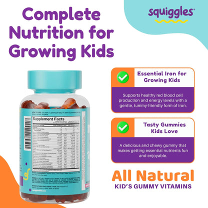 Squiggles Kids Multivitamin + Iron Gummies - Low Sugar Gummy Vitamins with Iron Supplements for Kids - dailyvitalstore