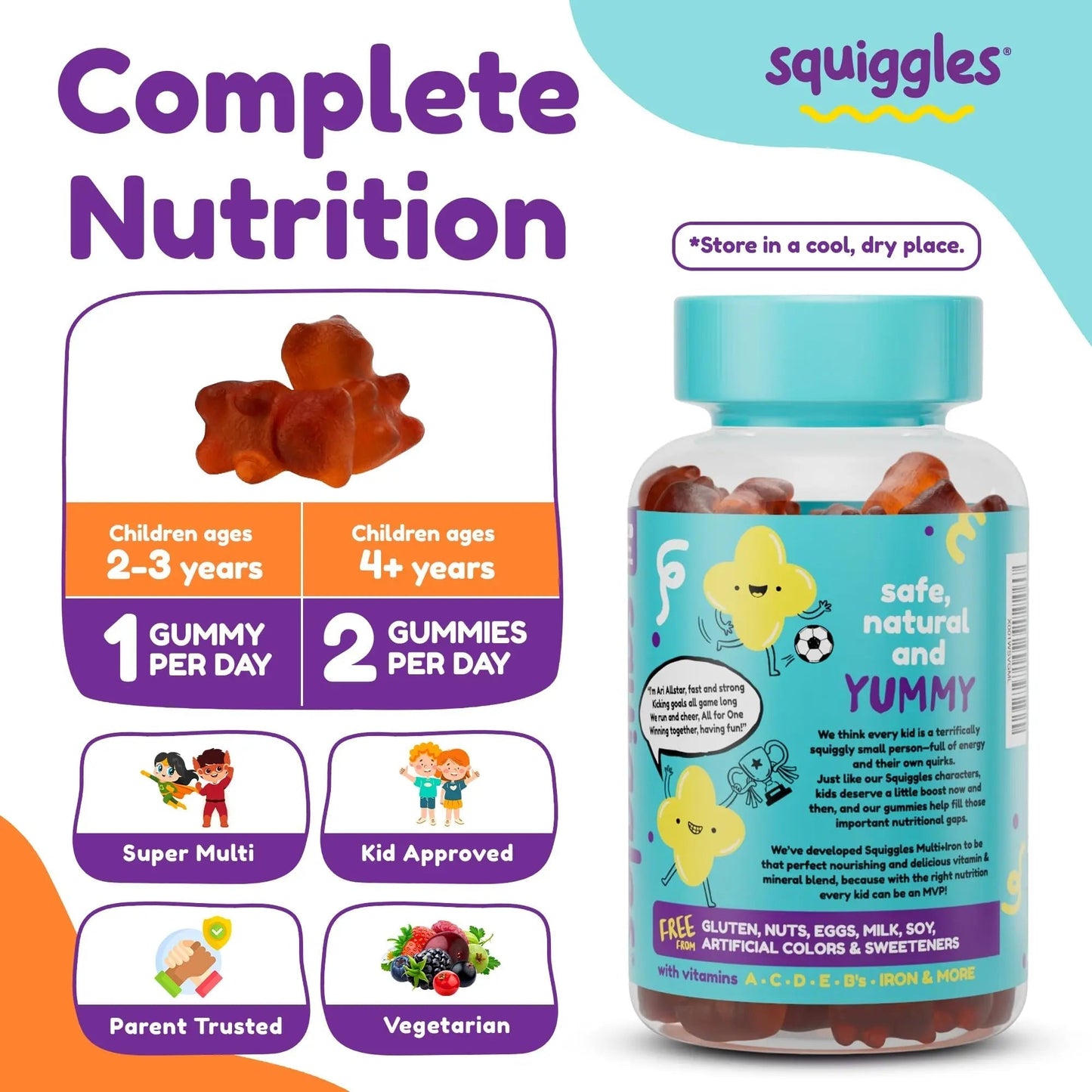 Squiggles Kids Multivitamin + Iron Gummies - Low Sugar Gummy Vitamins with Iron Supplements for Kids - dailyvitalstore