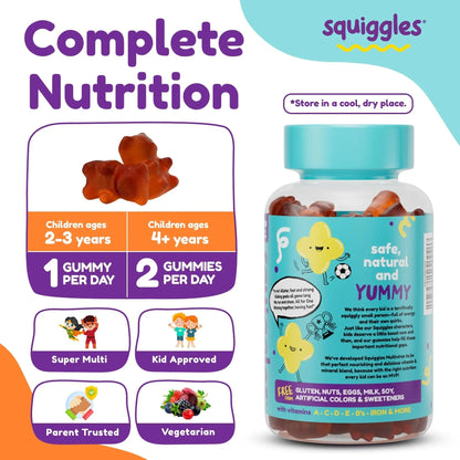 Squiggles Kids Multivitamin + Iron Gummies - Low Sugar Gummy Vitamins with Iron Supplements for Kids - dailyvitalstore