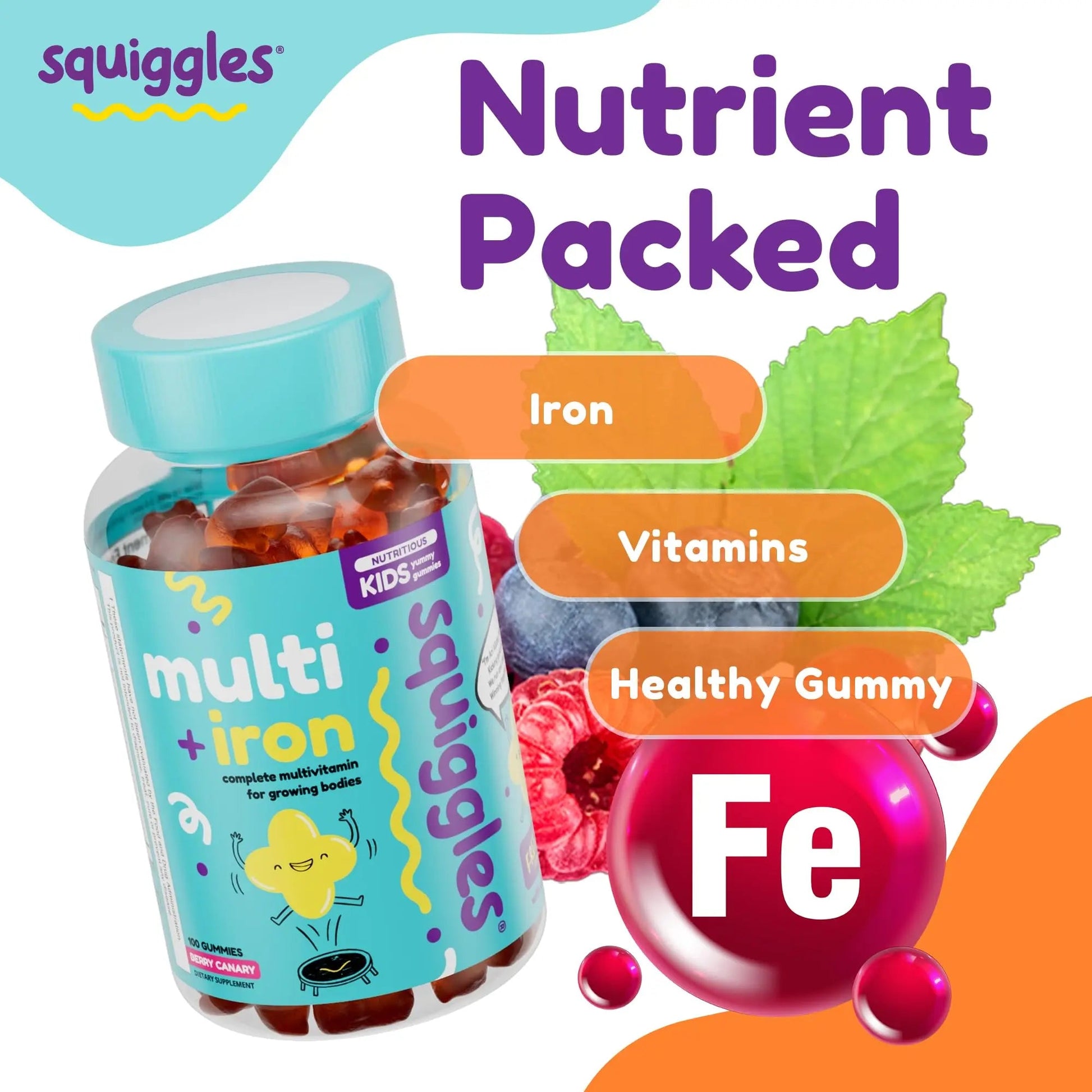 Squiggles Kids Multivitamin + Iron Gummies - Low Sugar Gummy Vitamins with Iron Supplements for Kids - dailyvitalstore