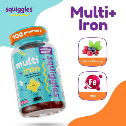 Squiggles Kids Multivitamin + Iron Gummies - Low Sugar Gummy Vitamins with Iron Supplements for Kids - dailyvitalstore