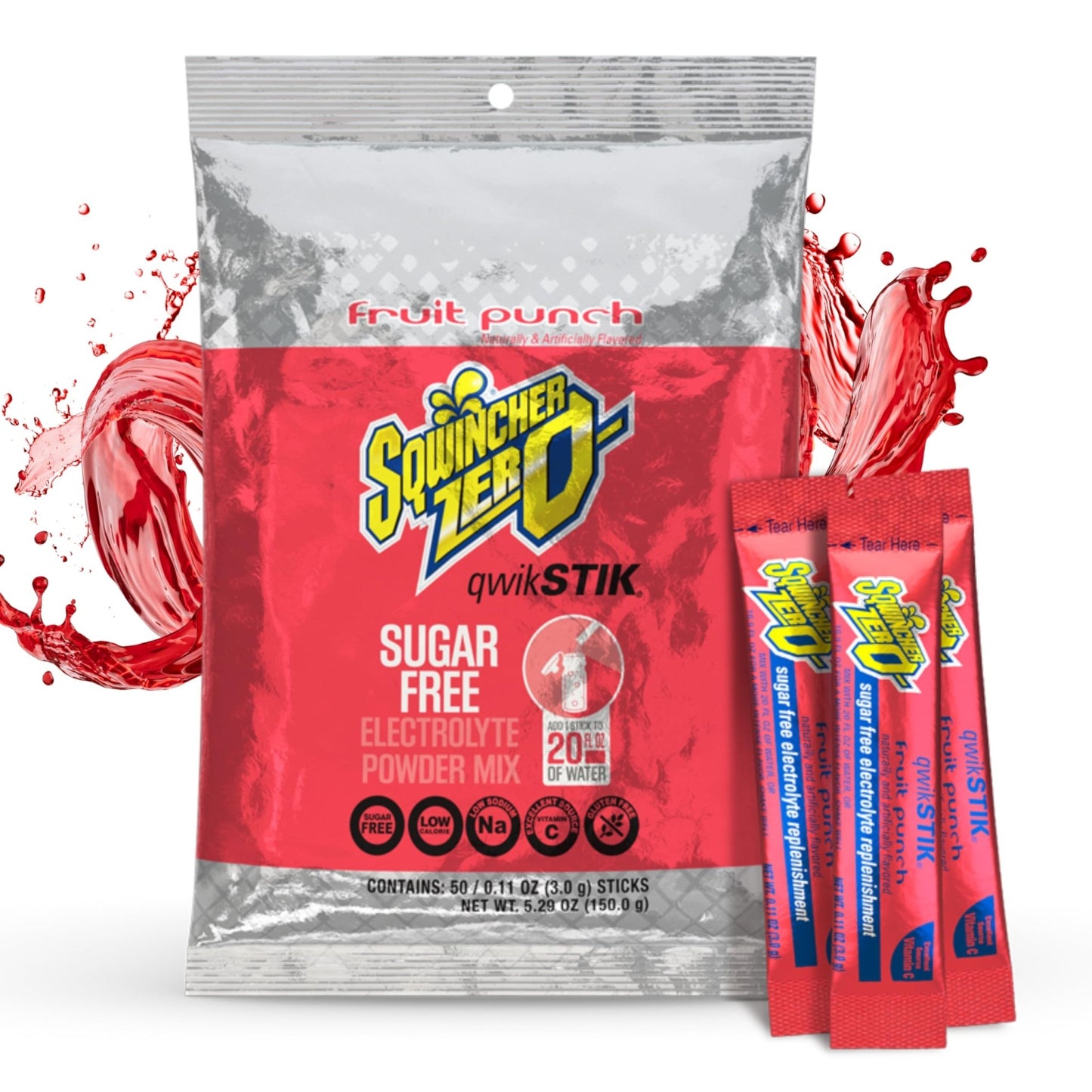 Sqwincher Zero Qwik Stik, Fruit Punch, Sugar Free, Low Calorie, Low Sodium Electrolyte Powder Hydration Drink Mix, .11 0z Packet (Pack of 50) - dailyvitalstore