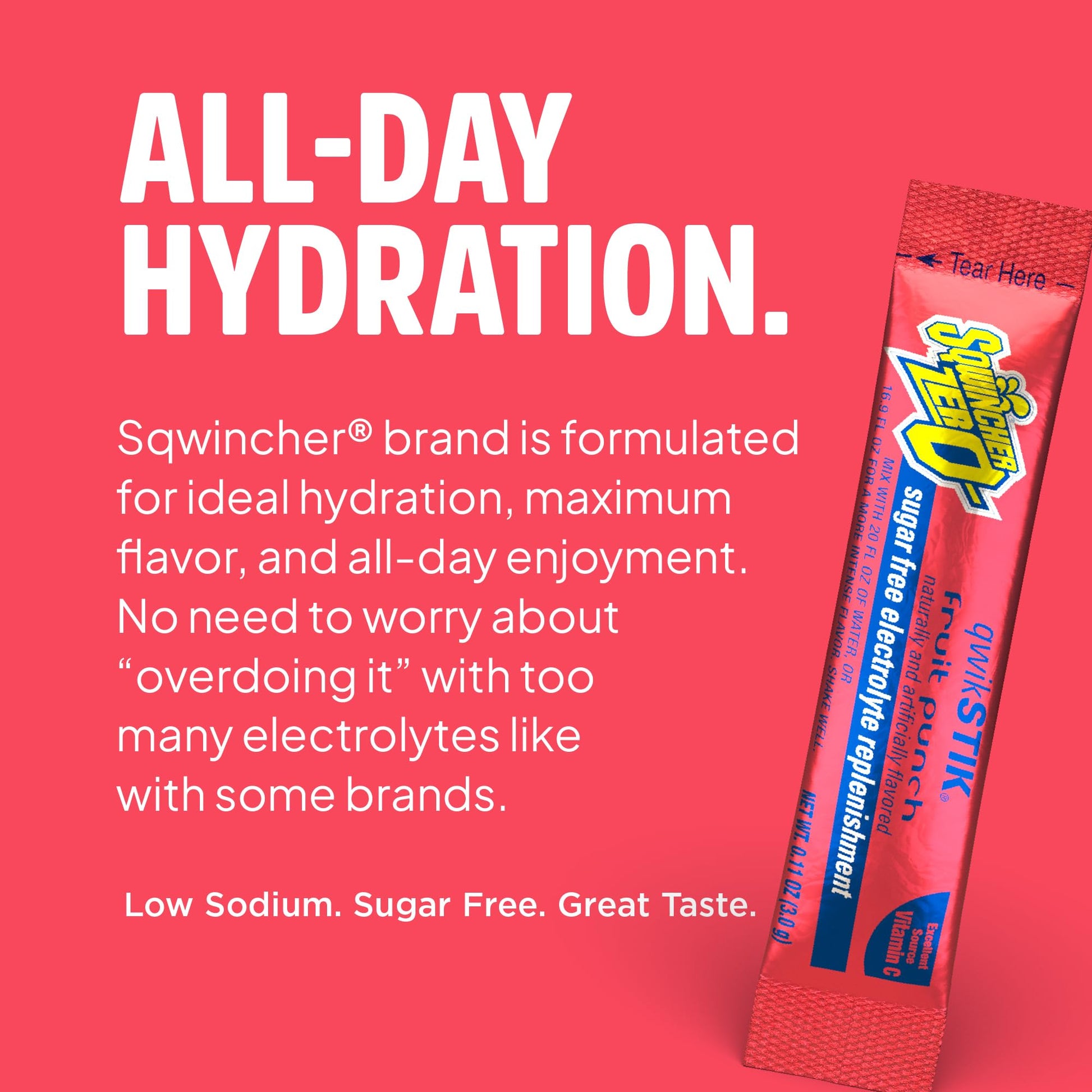 Sqwincher Zero Qwik Stik, Fruit Punch, Sugar Free, Low Calorie, Low Sodium Electrolyte Powder Hydration Drink Mix, .11 0z Packet (Pack of 50) - dailyvitalstore