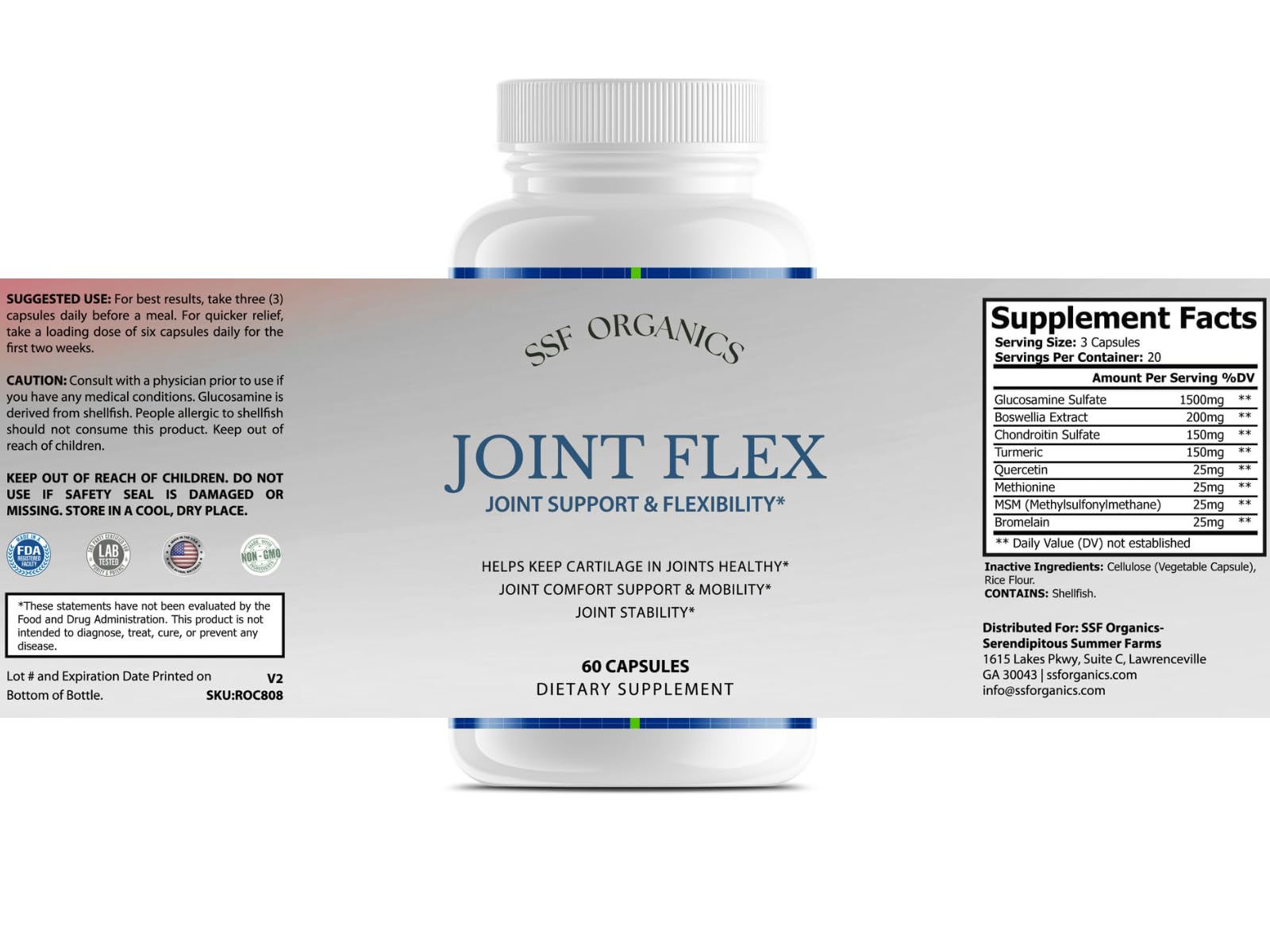 SSF Organics-Joint Flex with Glucosamine Chondroitin Turmeric Msm Boswellia - Joint Support Supplement for Relief 60 Capsules for Bones, Back, Knees, Hands (60 Capsules) - dailyvitalstore