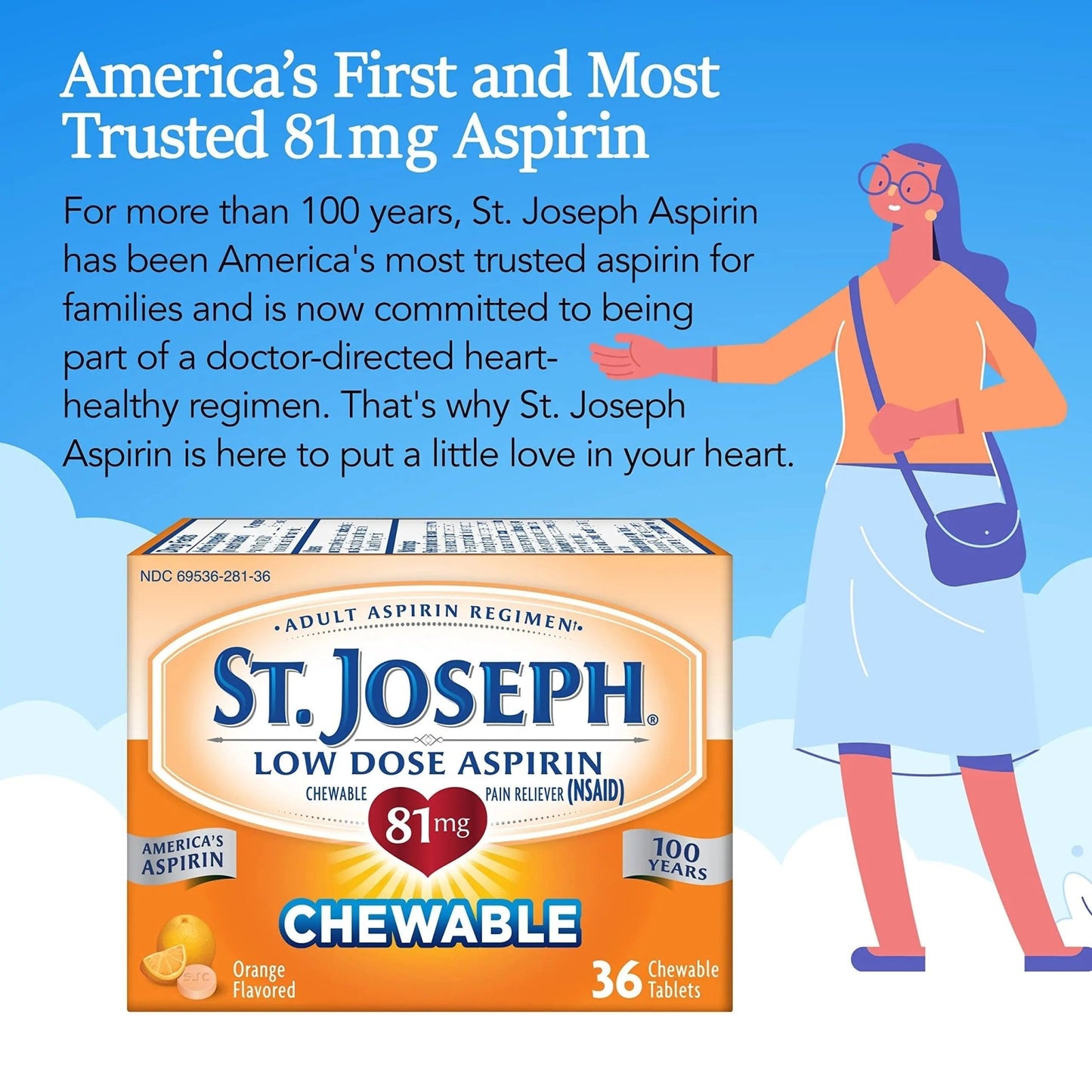 St. Joseph Aspirin Pain Reliever (NSAID) 81mg, Chewable Orange Tablets Adult Low Dose Regimen , 108 ct (3 x 36 ct Tablets per Bottle) - dailyvitalstore