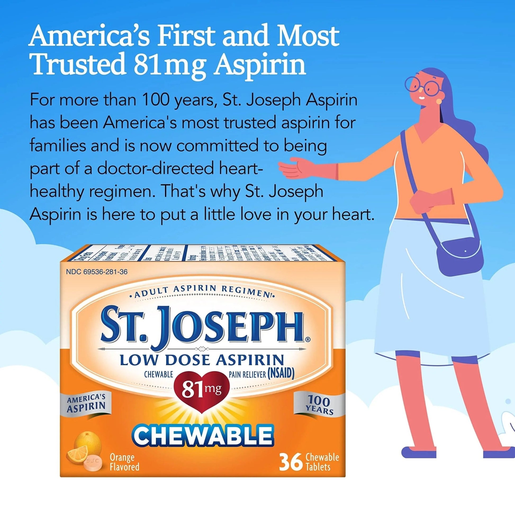 St. Joseph Aspirin Pain Reliever (NSAID) 81mg, Chewable Orange Tablets Adult Low Dose Regimen , 108 ct (3 x 36 ct Tablets per Bottle) - dailyvitalstore