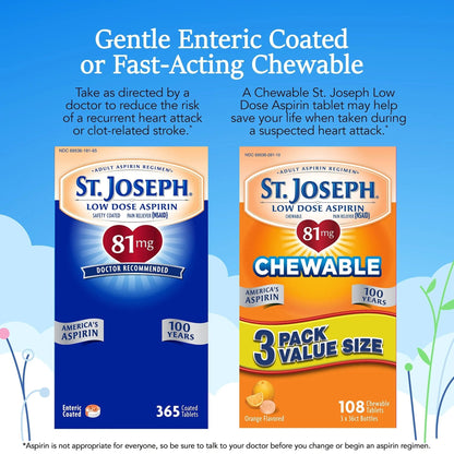 St. Joseph Aspirin Pain Reliever (NSAID) 81mg, Chewable Orange Tablets Adult Low Dose Regimen , 108 ct (3 x 36 ct Tablets per Bottle) - dailyvitalstore