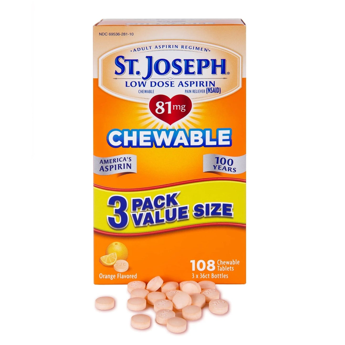 St. Joseph Aspirin Pain Reliever (NSAID) 81mg, Chewable Orange Tablets Adult Low Dose Regimen , 108 ct (3 x 36 ct Tablets per Bottle) - dailyvitalstore