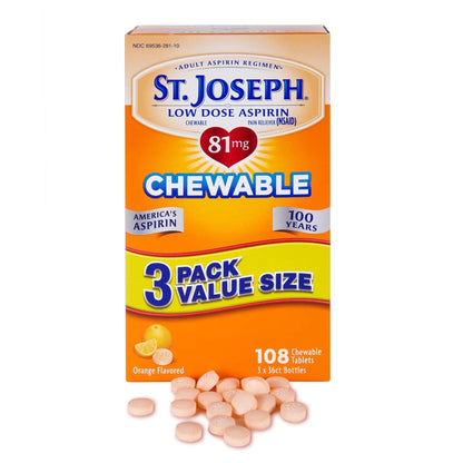 St. Joseph Aspirin Pain Reliever (NSAID) 81mg, Chewable Orange Tablets Adult Low Dose Regimen , 108 ct (3 x 36 ct Tablets per Bottle) - dailyvitalstore