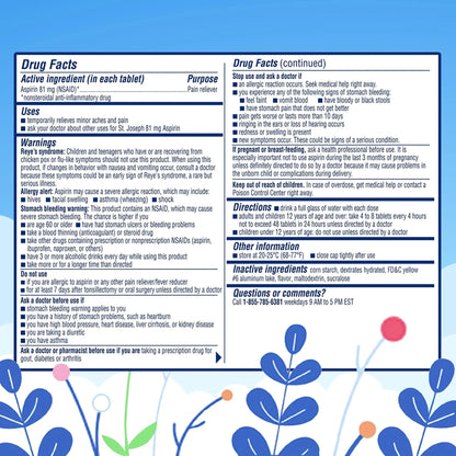 St. Joseph Aspirin Pain Reliever (NSAID) 81mg, Enteric Safety Coated, Adult Low Dose Aspirin, 365 ct - dailyvitalstore