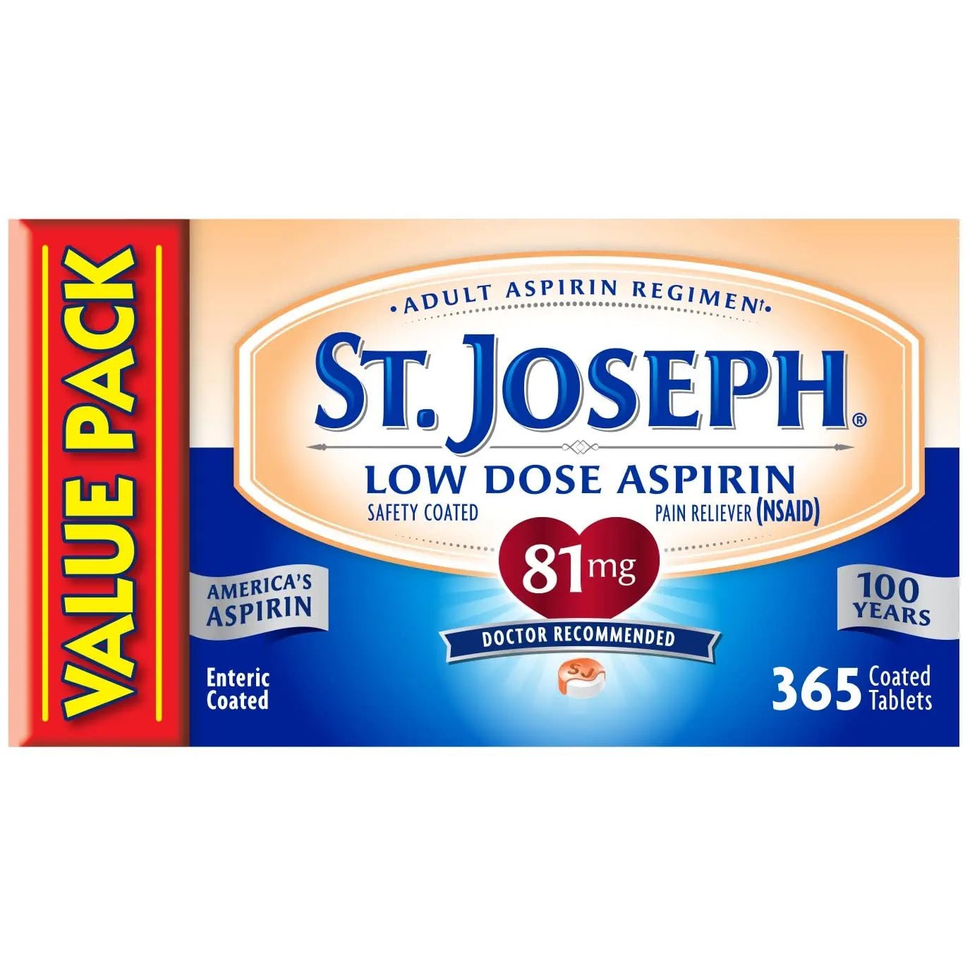 St. Joseph Aspirin Pain Reliever (NSAID) 81mg, Enteric Safety Coated, Adult Low Dose Aspirin, 365 ct - dailyvitalstore