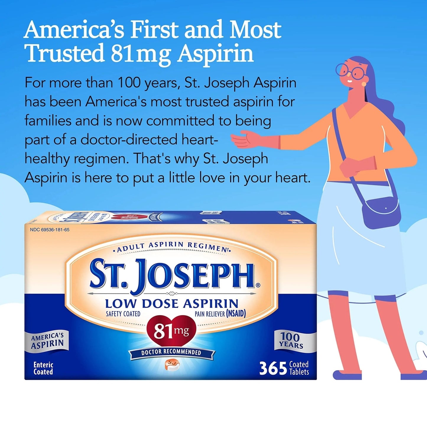St. Joseph Aspirin Pain Reliever (NSAID) 81mg, Enteric Safety Coated, Adult Low Dose Aspirin, 365 ct - dailyvitalstore