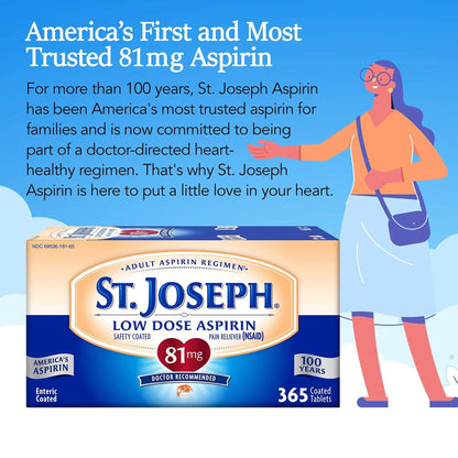 St. Joseph Aspirin Pain Reliever (NSAID) 81mg, Enteric Safety Coated, Adult Low Dose Aspirin, 365 ct - dailyvitalstore