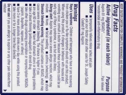 St. Joseph Aspirin Pain Reliever (NSAID) 81mg, Enteric Safety Coated, Adult Low Dose Regimen, 36 ct - dailyvitalstore