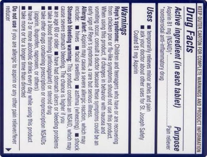 St. Joseph Aspirin Pain Reliever (NSAID) 81mg, Enteric Safety Coated, Adult Low Dose Regimen, 36 ct - dailyvitalstore