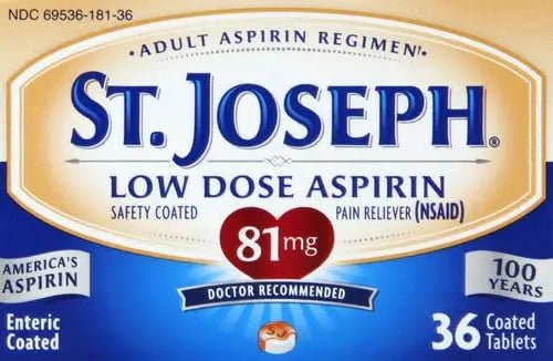 St. Joseph Aspirin Pain Reliever (NSAID) 81mg, Enteric Safety Coated, Adult Low Dose Regimen, 36 ct - dailyvitalstore