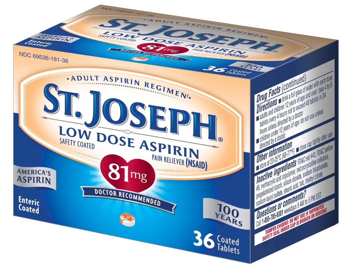 St. Joseph Aspirin Pain Reliever (NSAID) 81mg, Enteric Safety Coated, Adult Low Dose Regimen, 36 ct - dailyvitalstore