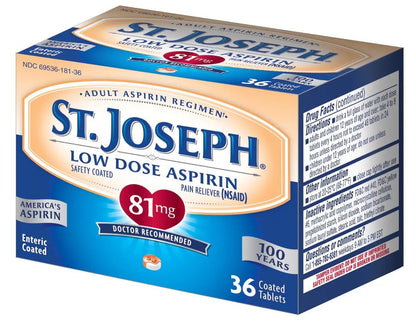 St. Joseph Aspirin Pain Reliever (NSAID) 81mg, Enteric Safety Coated, Adult Low Dose Regimen, 36 ct - dailyvitalstore