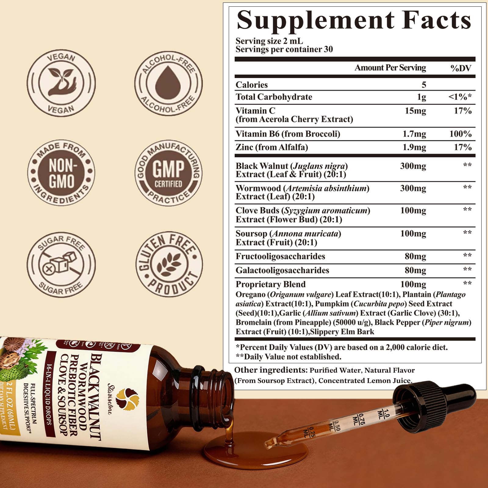 Starisetme Wormwood Black Walnut Cleanse for Humans Tincture – Max Strength Gut Health Prebiotics w/Clove, Soursop,Pumpkin Seed, Plus Vitamins, Minerals for Immune & Mood - dailyvitalstore