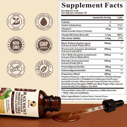 Starisetme Wormwood Black Walnut Cleanse for Humans Tincture – Max Strength Gut Health Prebiotics w/Clove, Soursop,Pumpkin Seed, Plus Vitamins, Minerals for Immune & Mood - dailyvitalstore
