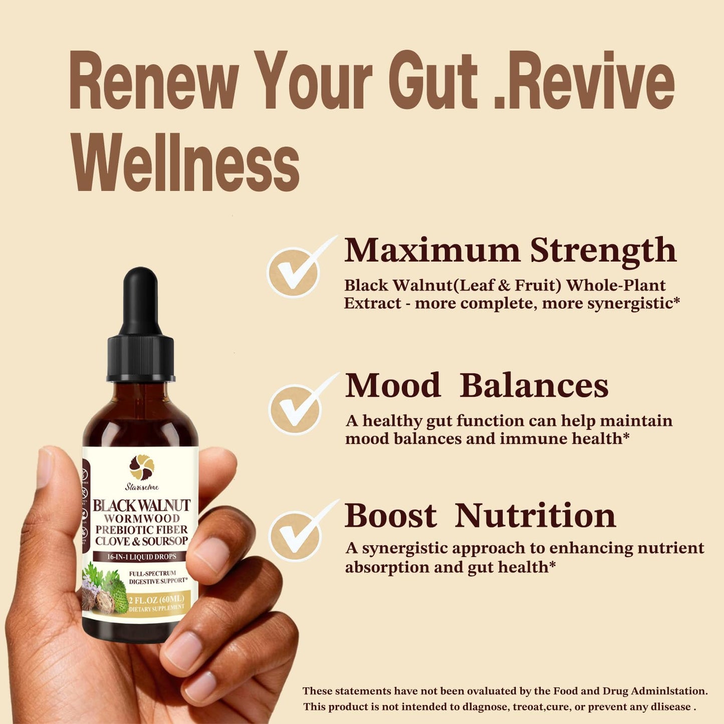Starisetme Wormwood Black Walnut Cleanse for Humans Tincture – Max Strength Gut Health Prebiotics w/Clove, Soursop,Pumpkin Seed, Plus Vitamins, Minerals for Immune & Mood - dailyvitalstore