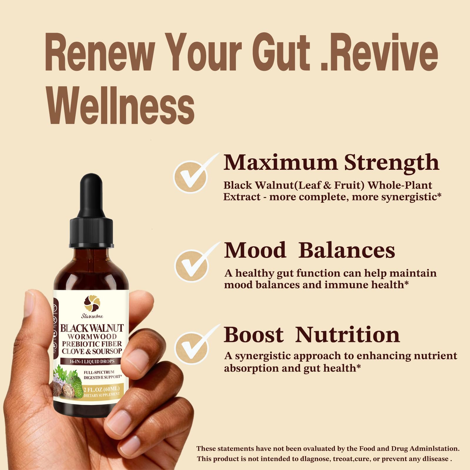 Starisetme Wormwood Black Walnut Cleanse for Humans Tincture – Max Strength Gut Health Prebiotics w/Clove, Soursop,Pumpkin Seed, Plus Vitamins, Minerals for Immune & Mood - dailyvitalstore