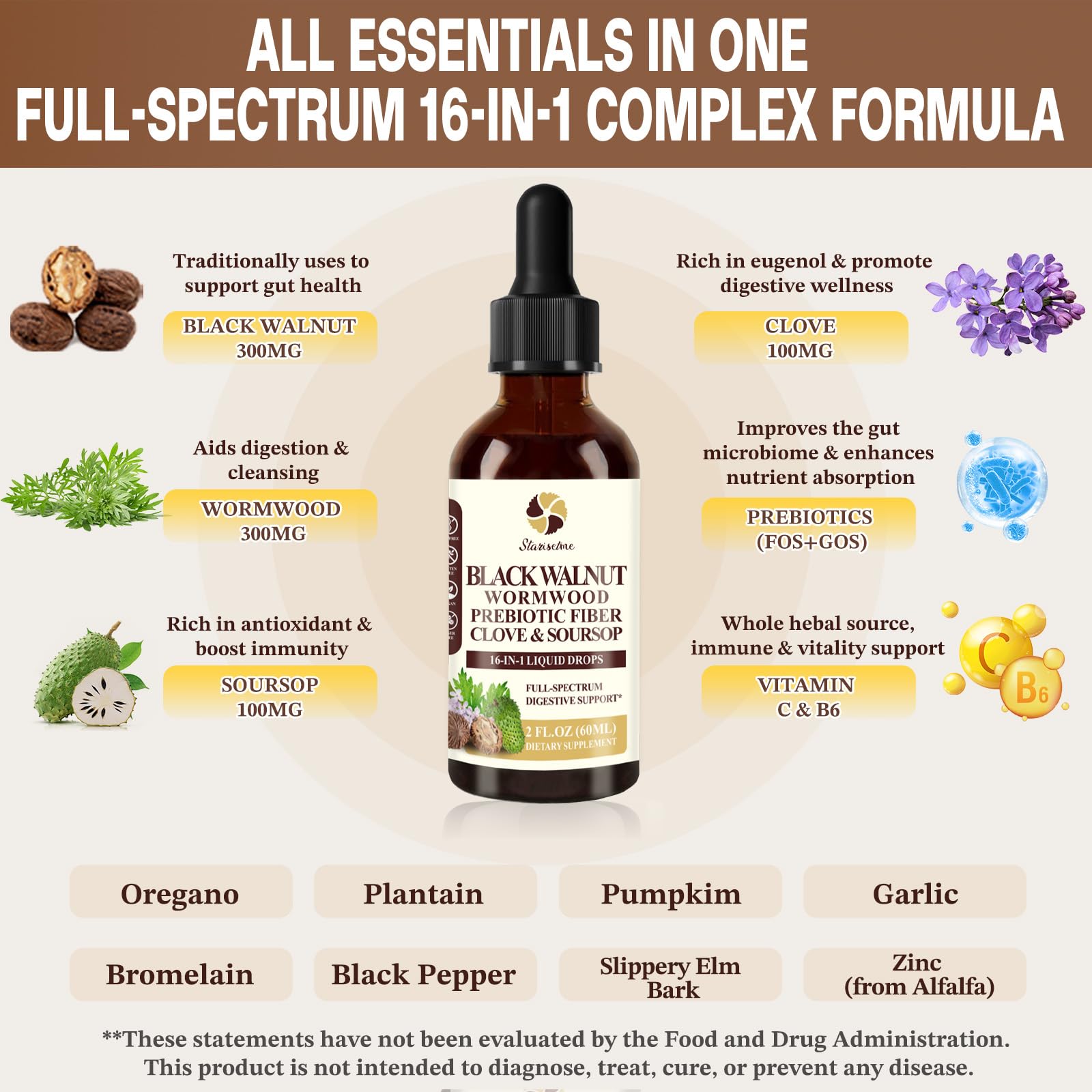 Starisetme Wormwood Black Walnut Cleanse for Humans Tincture – Max Strength Gut Health Prebiotics w/Clove, Soursop,Pumpkin Seed, Plus Vitamins, Minerals for Immune & Mood - dailyvitalstore