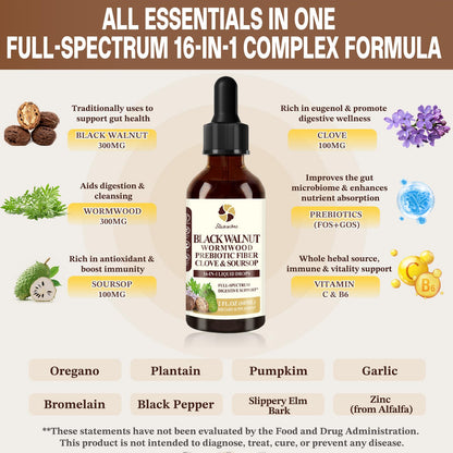 Starisetme Wormwood Black Walnut Cleanse for Humans Tincture – Max Strength Gut Health Prebiotics w/Clove, Soursop,Pumpkin Seed, Plus Vitamins, Minerals for Immune & Mood - dailyvitalstore