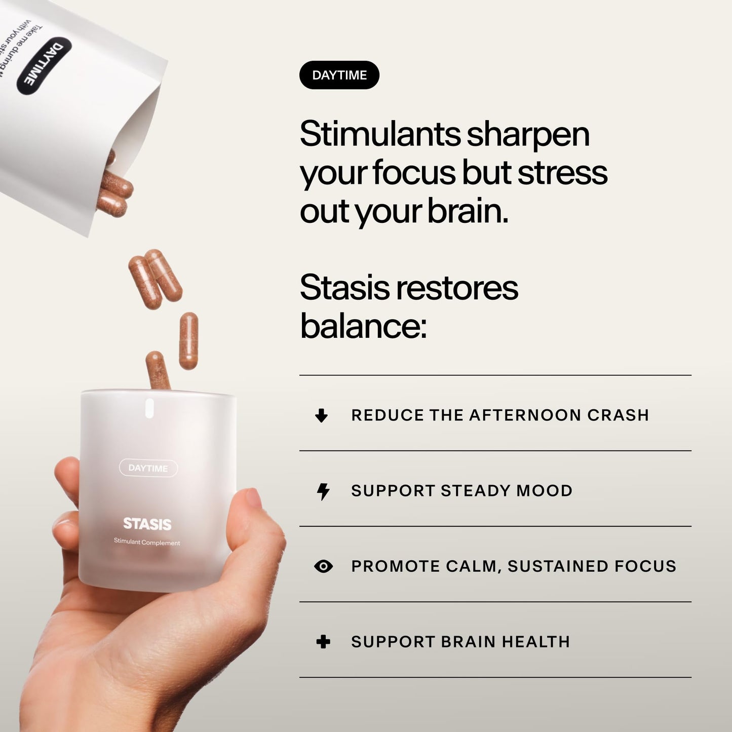 Stasis Daytime Energy & Focus Supplement for Men & Women with Vitamin D3, L Theanine, Ashwagandha & CoQ10, Cognitive Support Capsules for Morning Routines, Vegan, Non GMO, 25 Servings, 1 Month Supply - dailyvitalstore