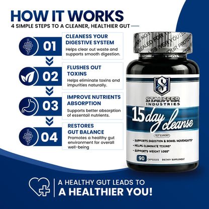 STAUFFER INDUSTRIES Colon Cleanse – 15 Day Cleanse Gut Support Supplement – Colon Cleanser with Psyllium Husk, Senna & Probiotics - dailyvitalstore