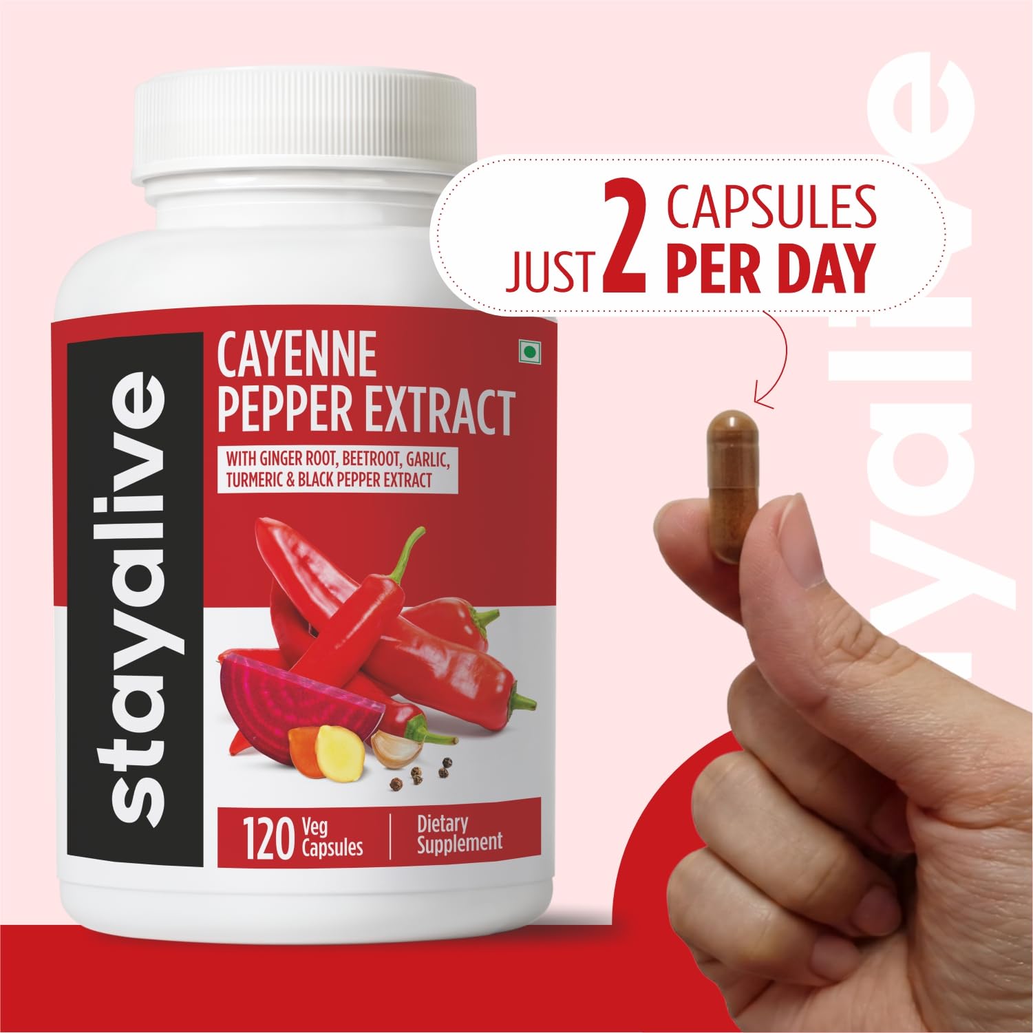 STAY ALIVE Cayenne Pepper Capsules, 6-in-1 Capsicum Blend w/Ginger, Garlic, Turmeric, Beet Root, and Black Pepper Extract, 120 Cayenne Capsules, - dailyvitalstore