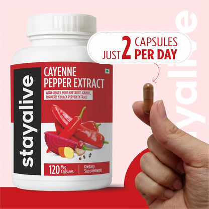 STAY ALIVE Cayenne Pepper Capsules, 6-in-1 Capsicum Blend w/Ginger, Garlic, Turmeric, Beet Root, and Black Pepper Extract, 120 Cayenne Capsules, - dailyvitalstore