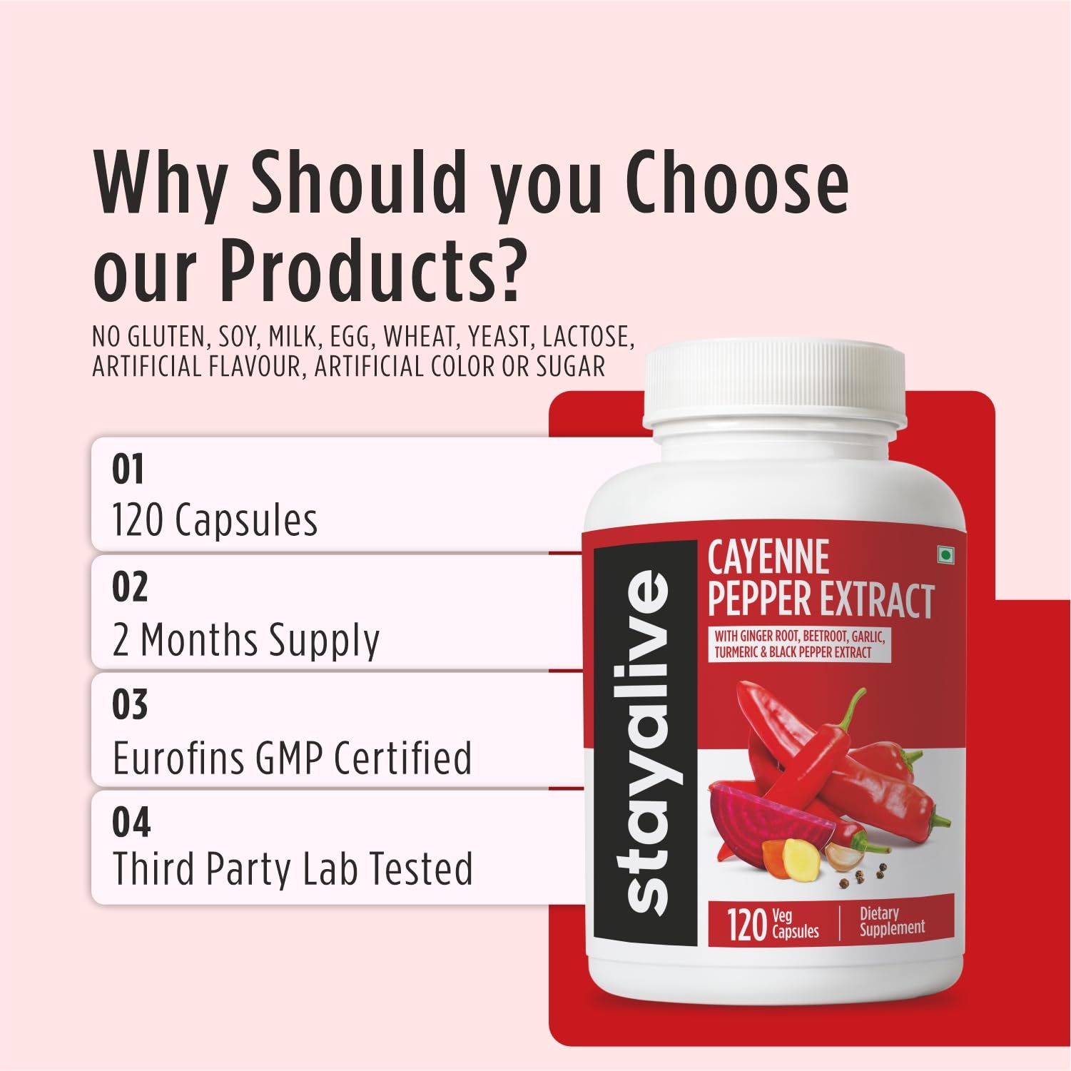 STAY ALIVE Cayenne Pepper Capsules, 6-in-1 Capsicum Blend w/Ginger, Garlic, Turmeric, Beet Root, and Black Pepper Extract, 120 Cayenne Capsules, - dailyvitalstore