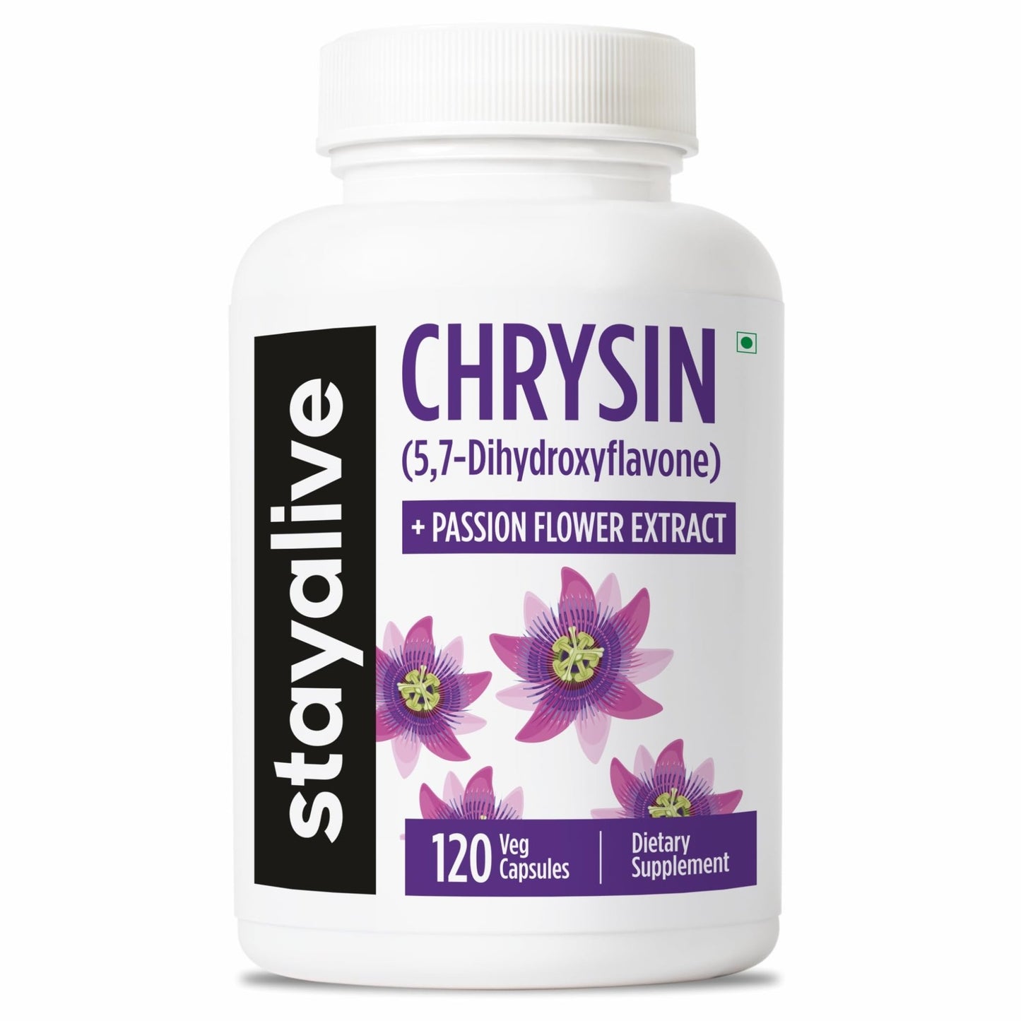 STAY ALIVE Chrysin Supplement 500mg & Passion Flower Extract Powder, 5,7-Dihydroxyflavone, Non-GMO and Gluten-Free Chrysin for Men and Women, 120 Capsules - dailyvitalstore