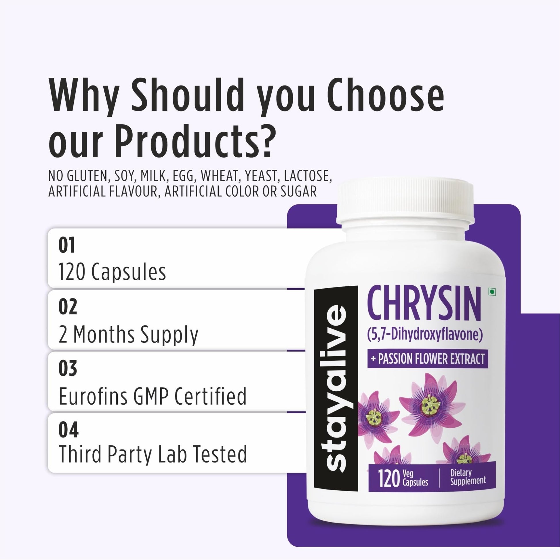 STAY ALIVE Chrysin Supplement 500mg & Passion Flower Extract Powder, 5,7-Dihydroxyflavone, Non-GMO and Gluten-Free Chrysin for Men and Women, 120 Capsules - dailyvitalstore