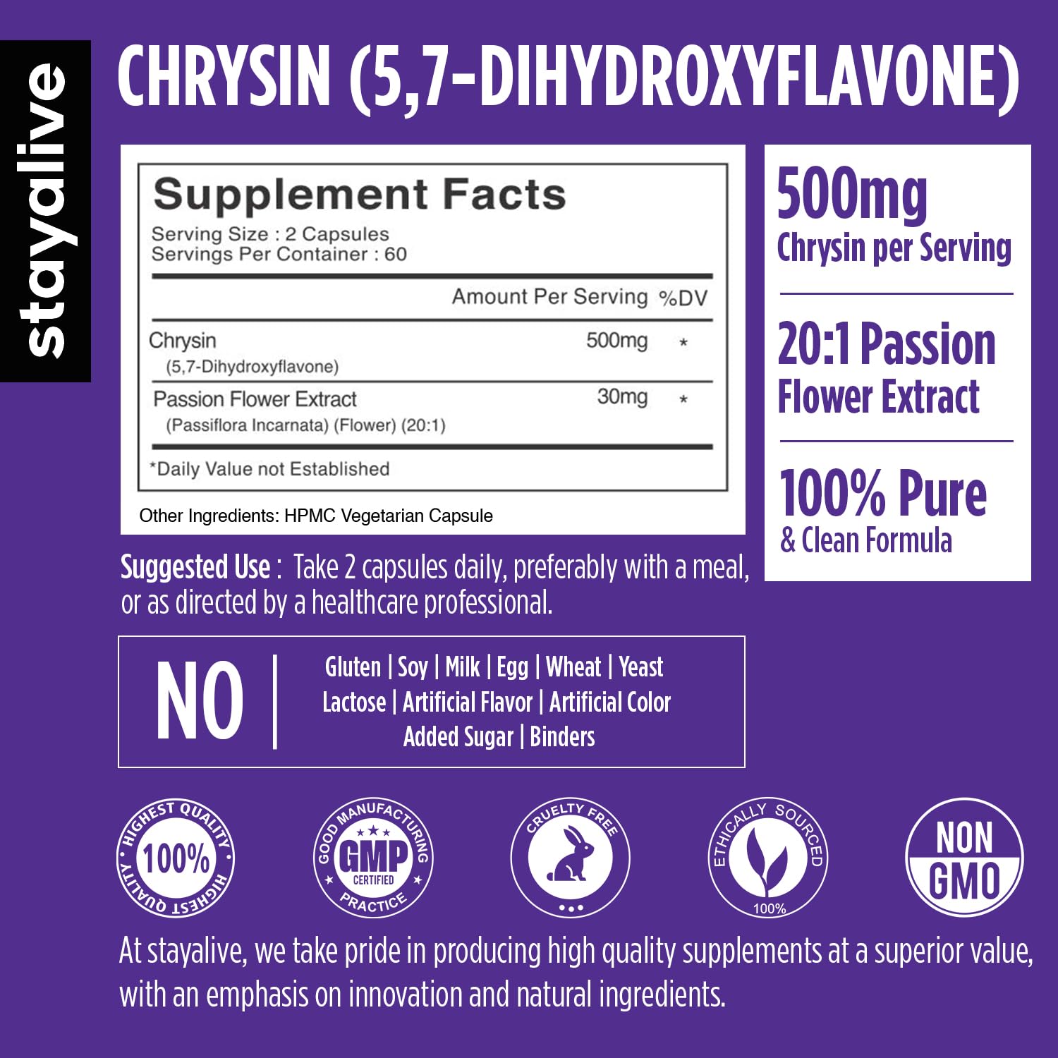 STAY ALIVE Chrysin Supplement 500mg & Passion Flower Extract Powder, 5,7-Dihydroxyflavone, Non-GMO and Gluten-Free Chrysin for Men and Women, 120 Capsules - dailyvitalstore