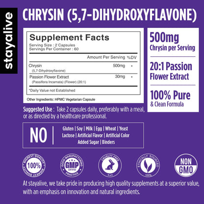 STAY ALIVE Chrysin Supplement 500mg & Passion Flower Extract Powder, 5,7-Dihydroxyflavone, Non-GMO and Gluten-Free Chrysin for Men and Women, 120 Capsules - dailyvitalstore