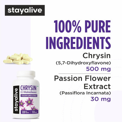 STAY ALIVE Chrysin Supplement 500mg & Passion Flower Extract Powder, 5,7-Dihydroxyflavone, Non-GMO and Gluten-Free Chrysin for Men and Women, 120 Capsules - dailyvitalstore