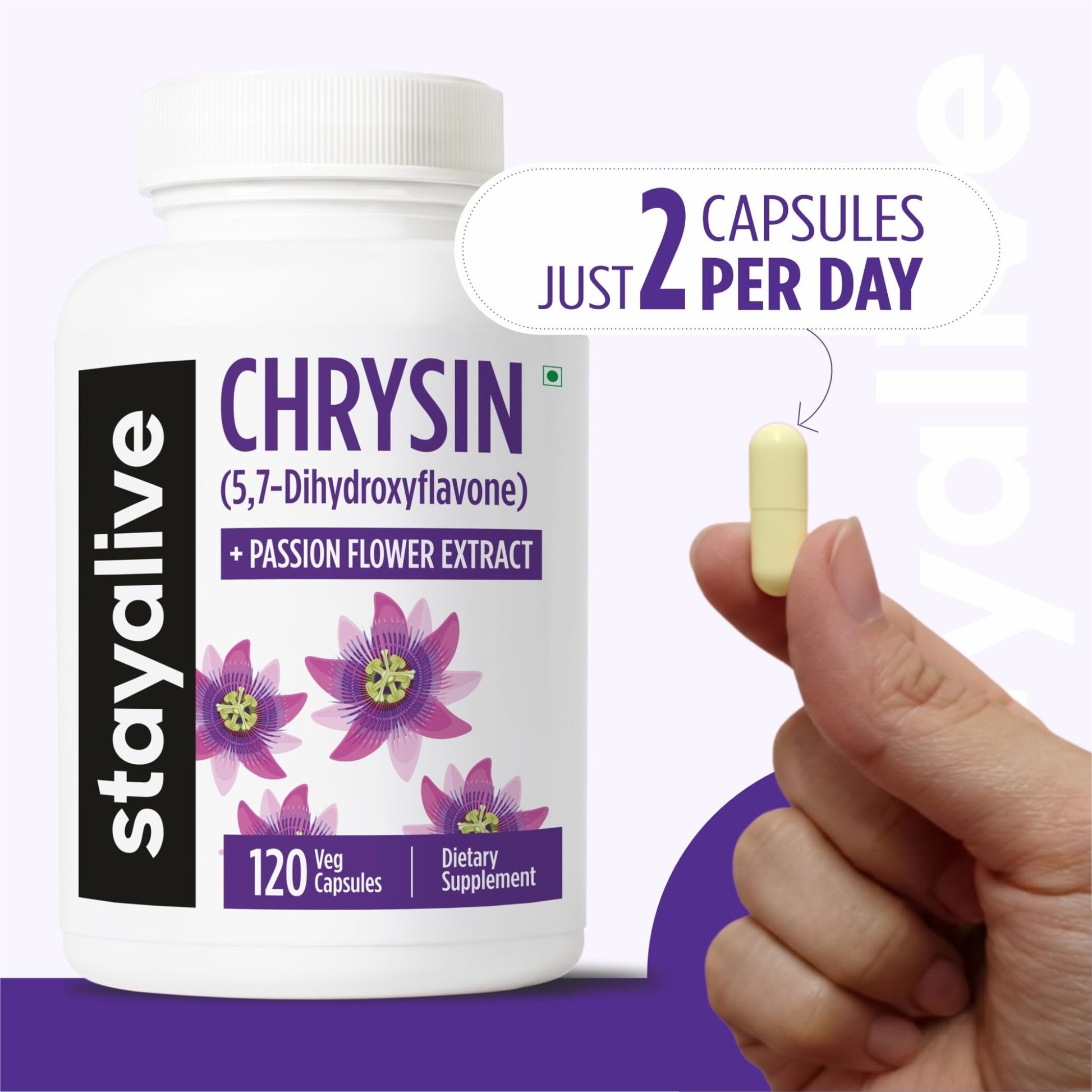 STAY ALIVE Chrysin Supplement 500mg & Passion Flower Extract Powder, 5,7-Dihydroxyflavone, Non-GMO and Gluten-Free Chrysin for Men and Women, 120 Capsules - dailyvitalstore