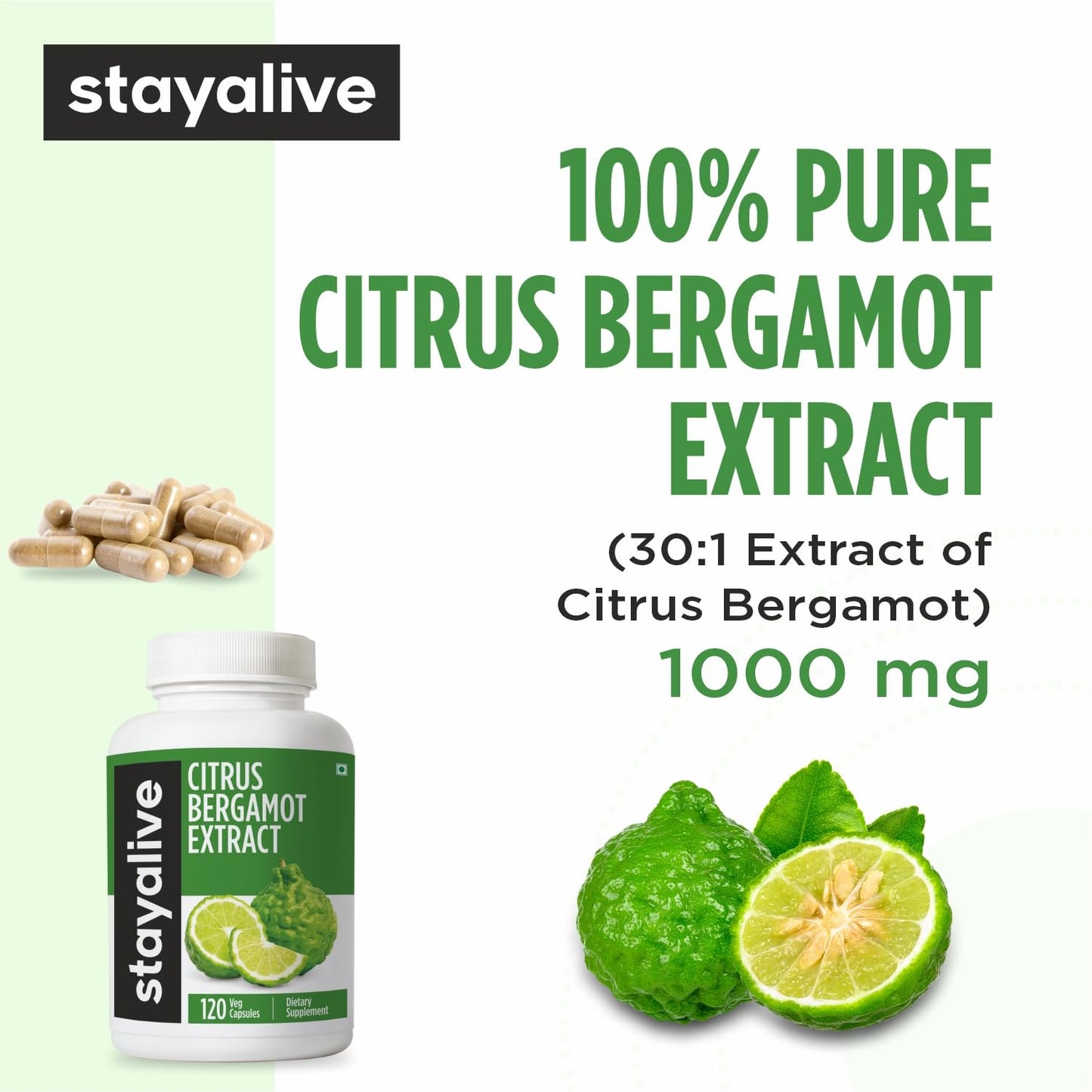 STAY ALIVE Citrus Bergamot Capsules 1000mg, 30:1 Super Extract with 50% Polyphenolic Flavanones, 120 Pills, Citrus Bioflavonoids Supplements for Women & Men | Non-GMO, Gluten-Free - dailyvitalstore