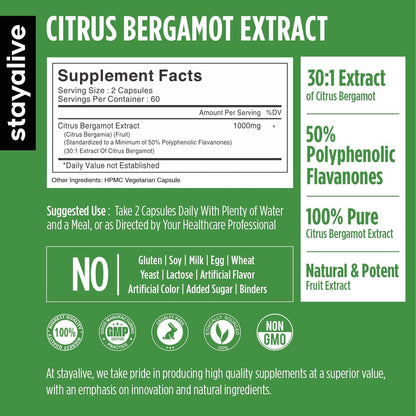 STAY ALIVE Citrus Bergamot Capsules 1000mg, 30:1 Super Extract with 50% Polyphenolic Flavanones, 120 Pills, Citrus Bioflavonoids Supplements for Women & Men | Non-GMO, Gluten-Free - dailyvitalstore