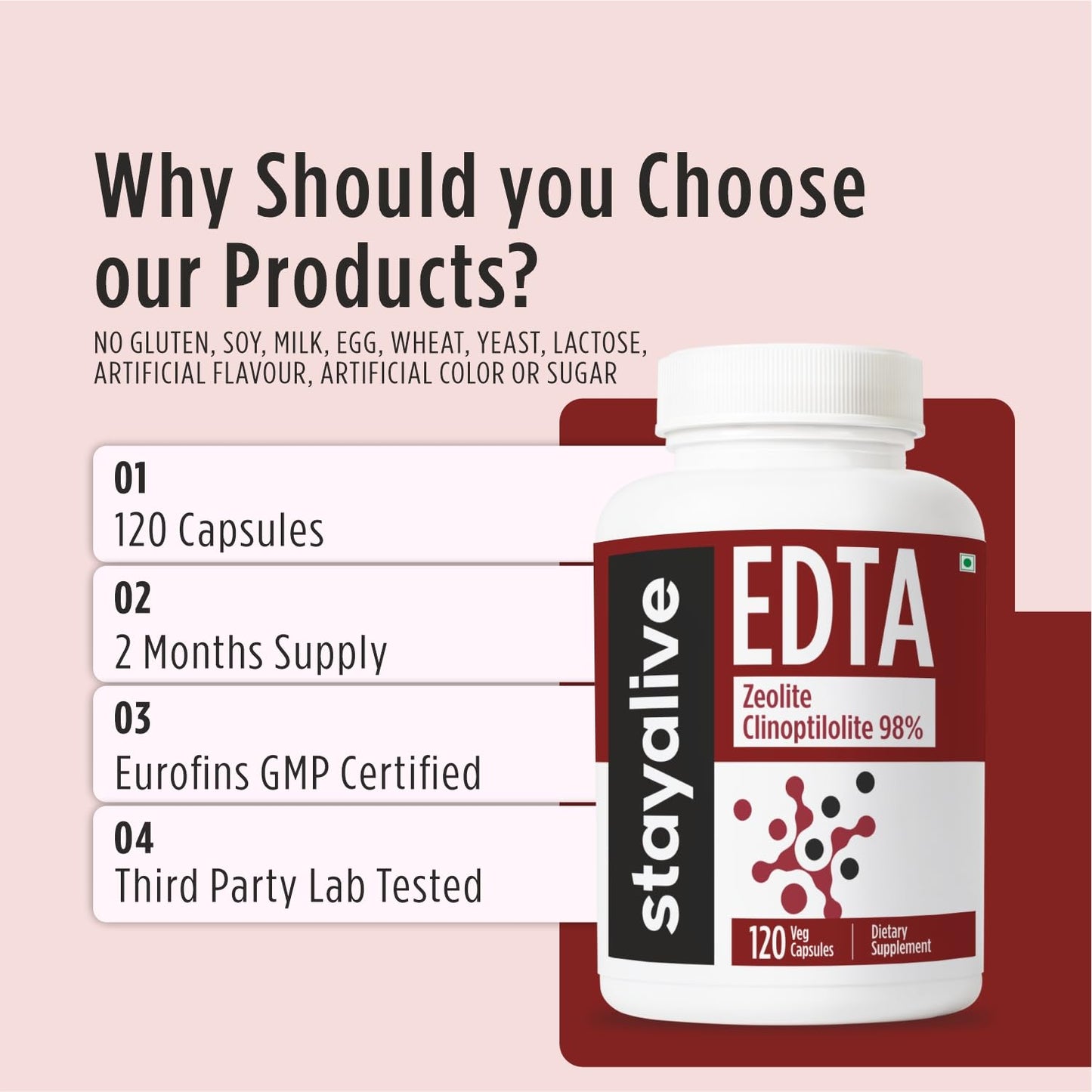 STAY ALIVE EDTA Capsules 1500mg with Zeolite 98% and Kale Extract Powder, 120 Pills, Non-GMO & Gluten Free Calcium Disodium EDTA Supplement - dailyvitalstore
