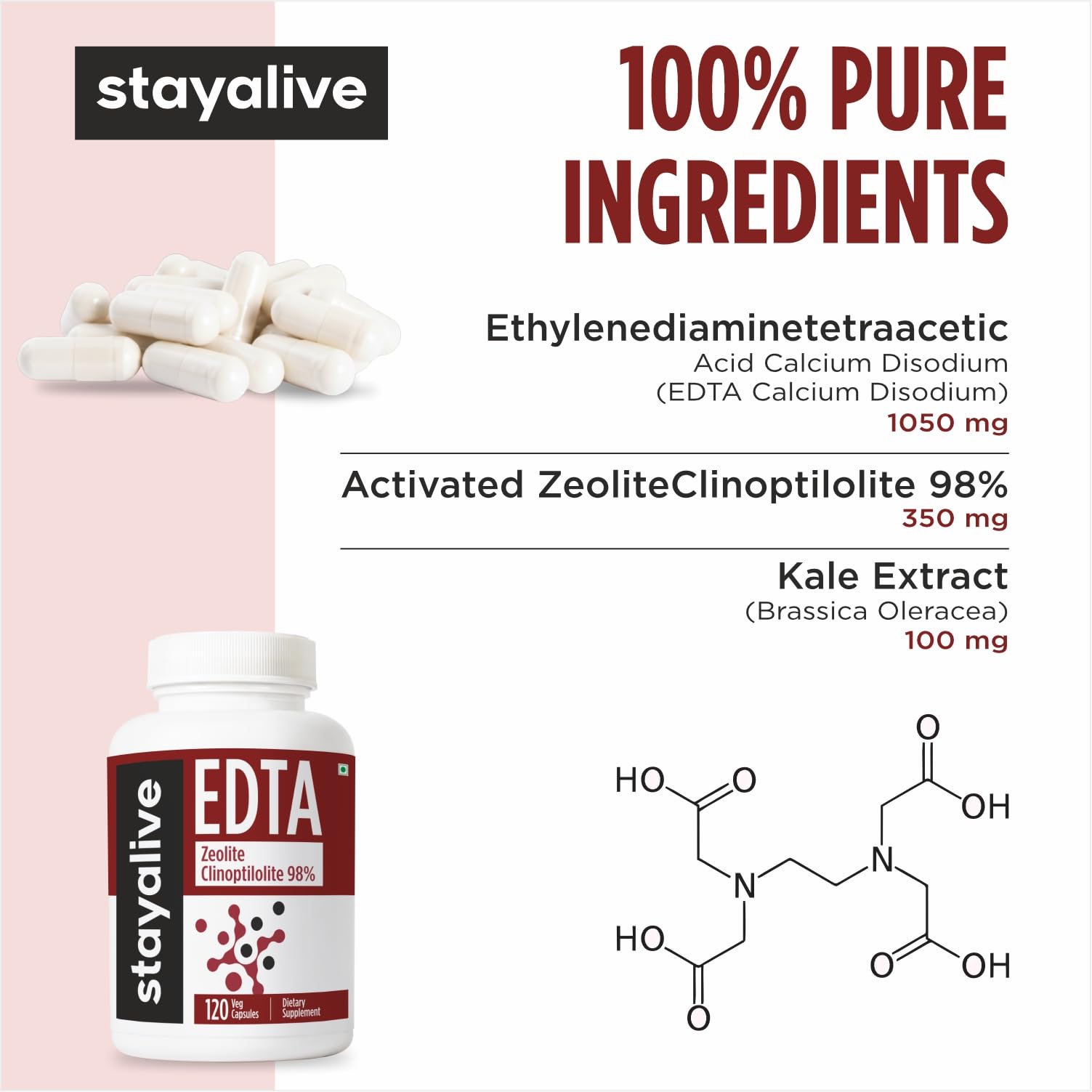 STAY ALIVE EDTA Capsules 1500mg with Zeolite 98% and Kale Extract Powder, 120 Pills, Non-GMO & Gluten Free Calcium Disodium EDTA Supplement - dailyvitalstore
